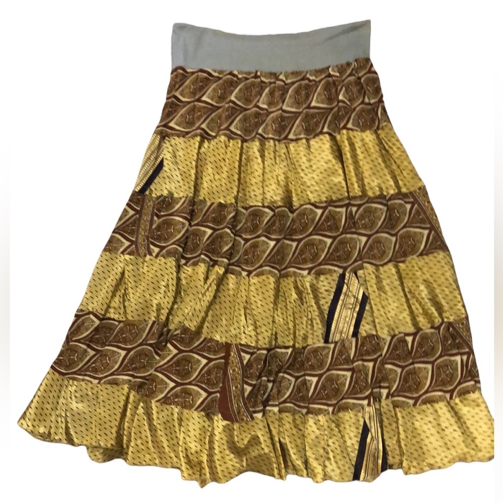Vintage 100% Silk Tiered Gold Brown Maxi Skirt